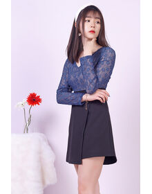 Fine Lace Overlay Long Sleeve Front Addiction Layer Playsuit (Grey Blue + Black)